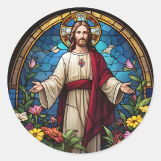 Jesus Christ Sacred Heart Faux Stained Glass Classic Round Sticker