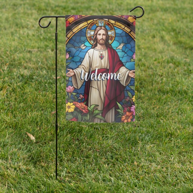 Jesus Christ Sacred Heart Stained Glass Welcome Garden Flag (In SItu)