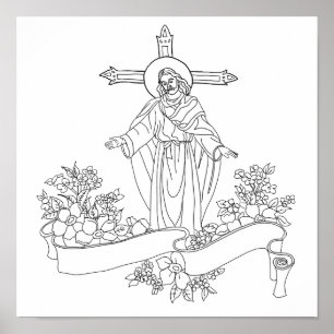 jesus Christ scroll and flowers art coloring page Poster