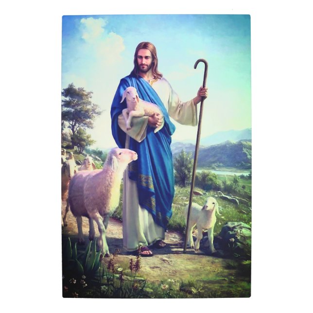 Jesus Christ son of God with sheep Metal Print (Front)