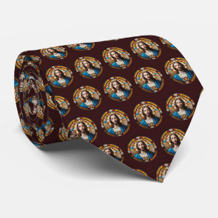 Jesus Christ Stained Glass Circular Pattern Brown Neck Tie