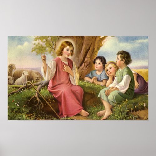 Jesus Christ Teaching Children Vintage Religion Poster