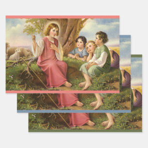 Jesus Christ Teaching Children, Vintage Religion Wrapping Paper Sheets