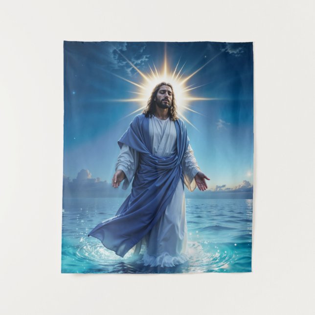 Jesus Christ walking on water biblical scene Tapestry (Front)