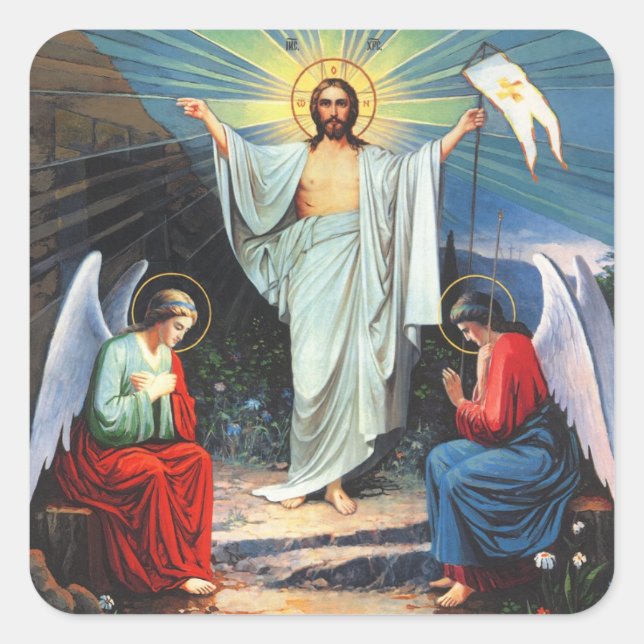 Jesus Christ with Angels and his Resurrection Square Sticker (Front)