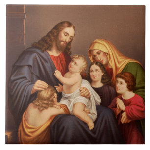 Jesus Christ with Children Premium Fine Art Ceramic Tile