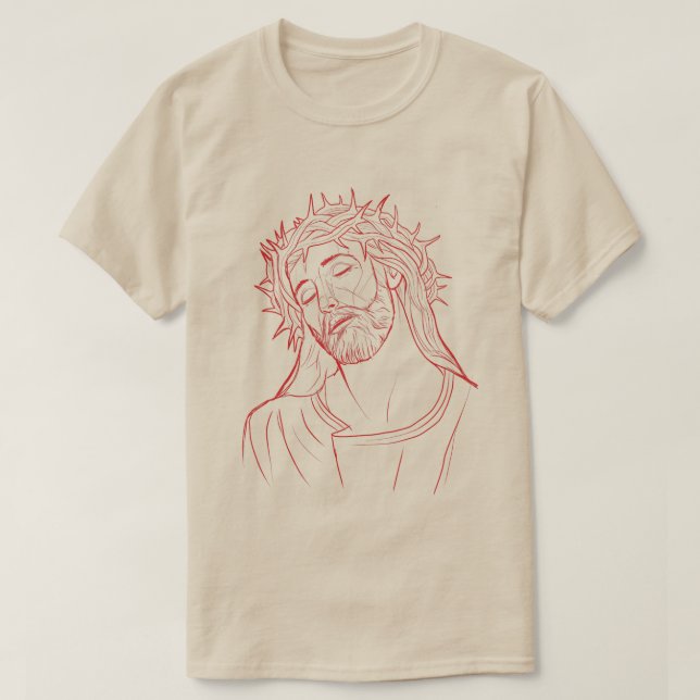Jesus Christ with Crown of Thorns Portrait Red T-Shirt (Design Front)