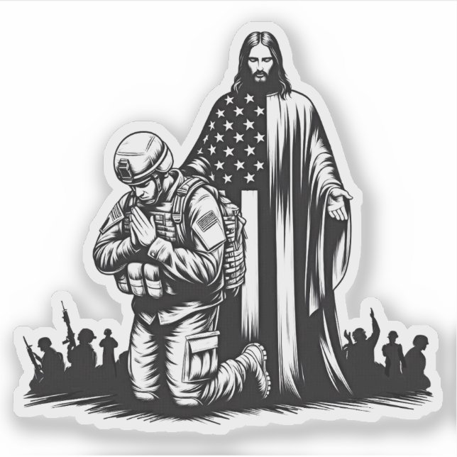 Jesus Christ with military soldier praying art Sticker (Front)