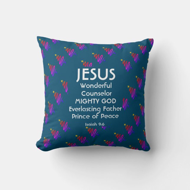 JESUS Christian Scripture Isaiah 9:6 BLUE Throw Pillow (Front)