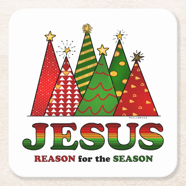 Jesus Christmas Trees Square Paper Coaster (Front)
