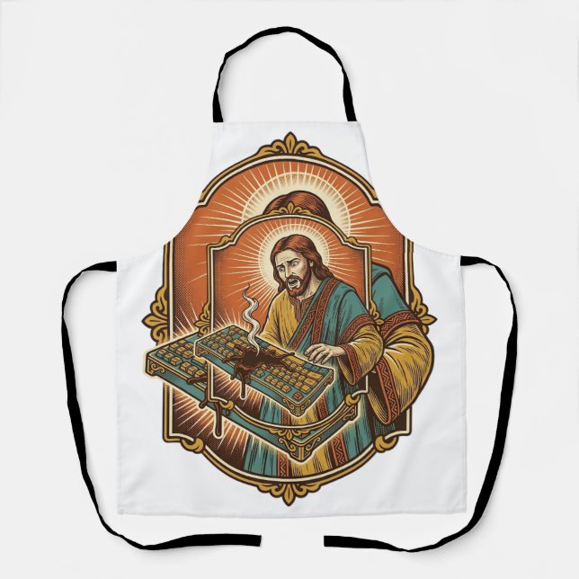 Jesus Coffee Spill Mechanical Keyboard Broken Tech Apron (Front)