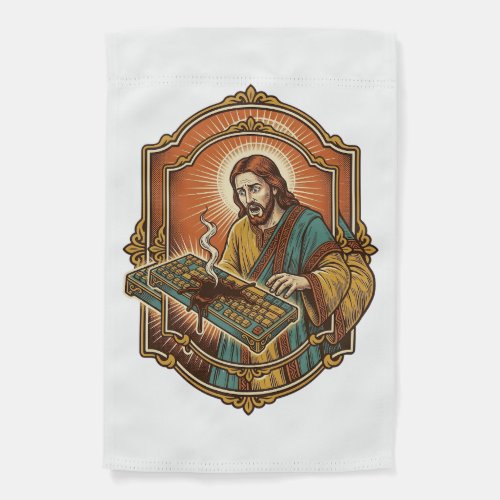 Jesus Coffee Spill Mechanical Keyboard Broken Tech Garden Flag