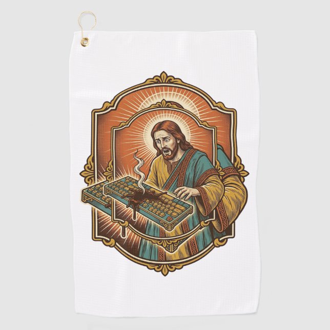 Jesus Coffee Spill Mechanical Keyboard Broken Tech Golf Towel (Front)