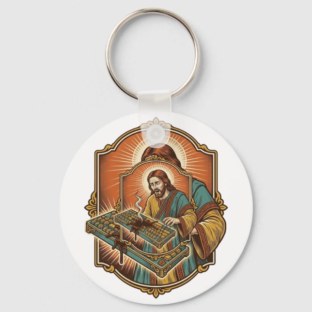 Jesus Coffee Spill Mechanical Keyboard Broken Tech Keychain (Front)