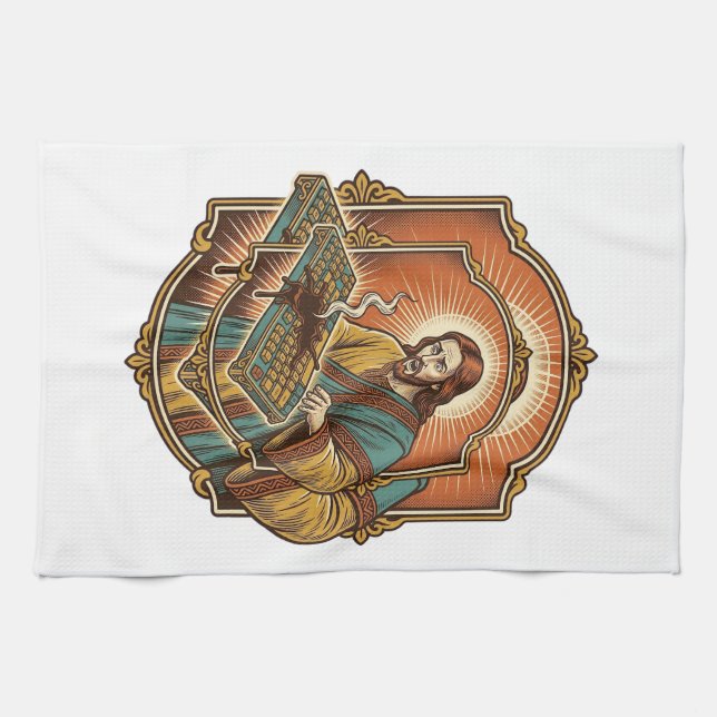 Jesus Coffee Spill Mechanical Keyboard Broken Tech Kitchen Towel (Horizontal)