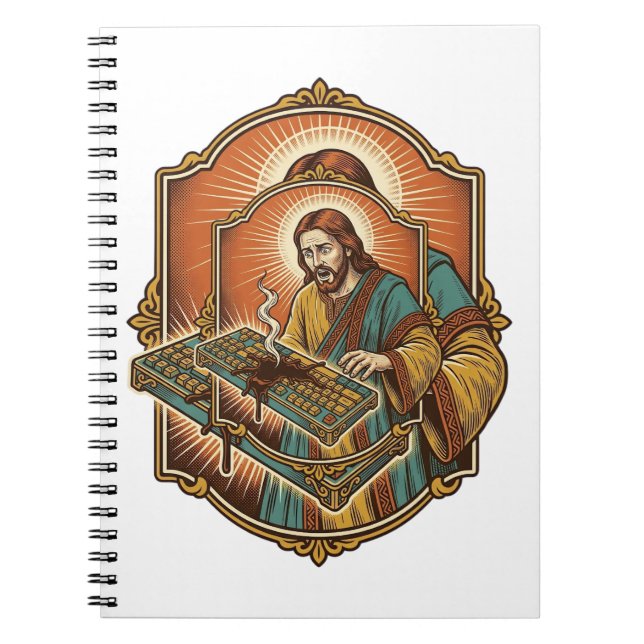 Jesus Coffee Spill Mechanical Keyboard Broken Tech Notebook (Front)