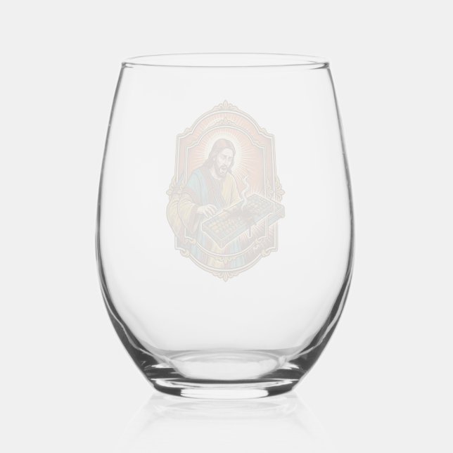 Jesus Coffee Spill Mechanical Keyboard Broken Tech Stemless Wine Glass (Front)