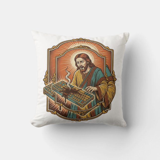 Jesus Coffee Spill Mechanical Keyboard Broken Tech Throw Pillow (Front)