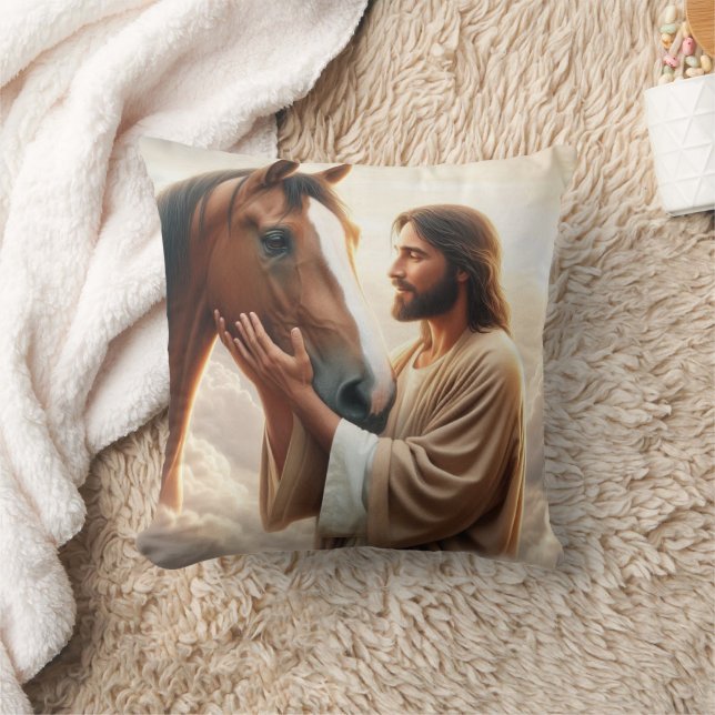 Jesus Comforting a Horse in Heaven Throw Pillow (Blanket)