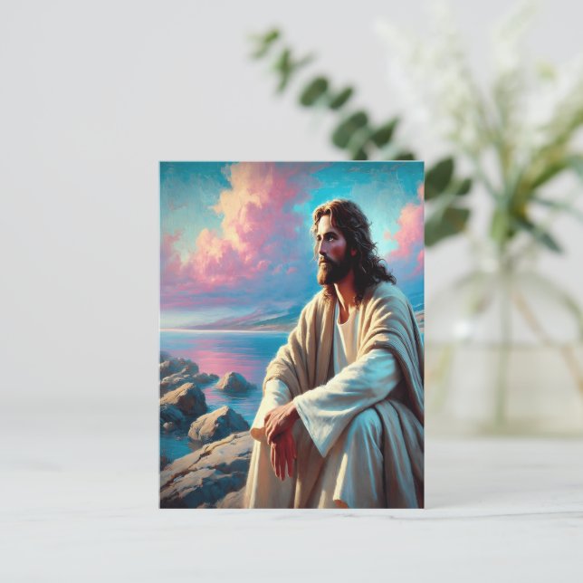 Jesus Contemplation Beside Majestic Coastline Postcard (Standing Front)