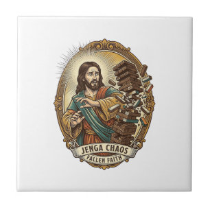 Jesus Crashing Party Jenga Tower Game Fail Humor_1 Ceramic Tile