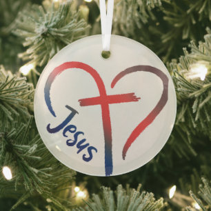 Jesus Cross and Heart Love Symbol Glass Ornament