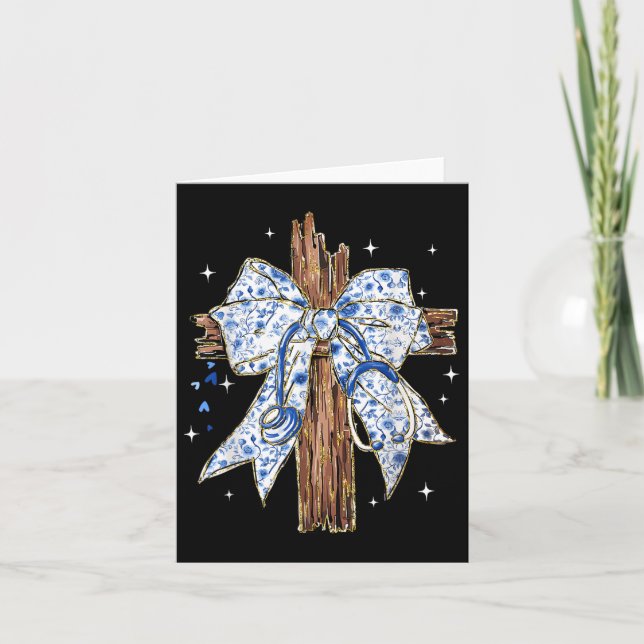 Jesus Cross Blue Coquette Bow Nurse Stethoscope Ch Card (Front)