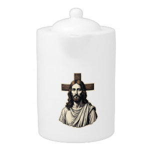 Jesus Cross Portrait Vintage Engraving Shirt 2 Teapot