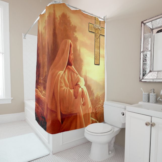 Jesus cross white showercurtain shower curtain (In Situ)