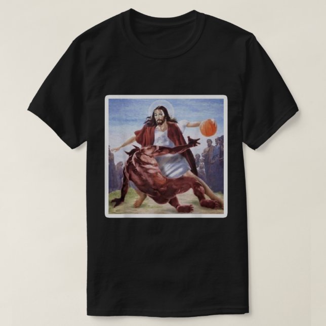 Jesus Crossing Up Satan Basketball T-Shirt (Design Front)