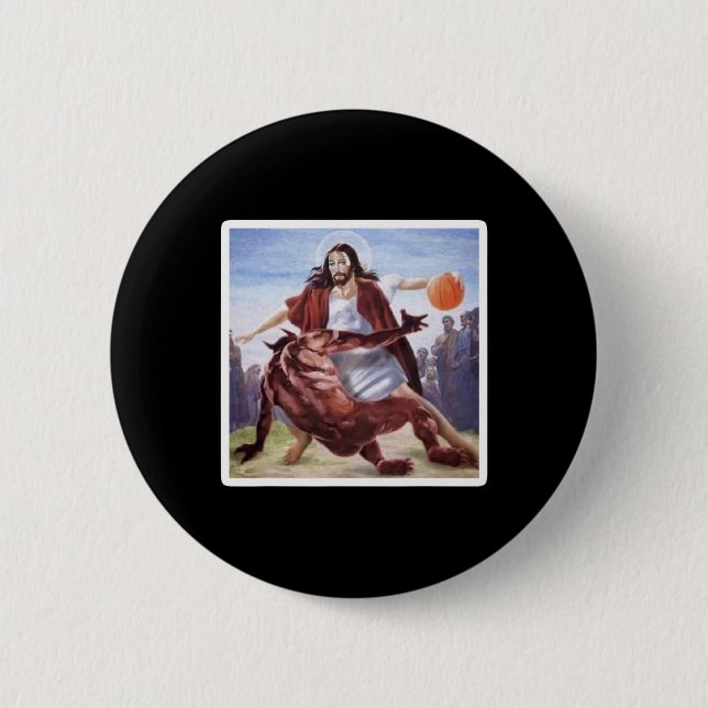 Jesus Crossing Up Satan Bysketbyll  Button (Front)