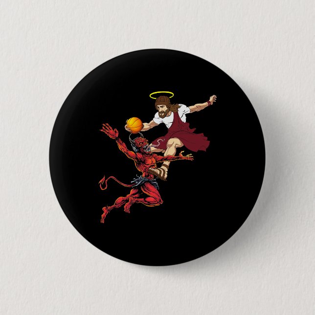 Jesus Crossing Up The Devil Basketball Player Dunk Button (Front)