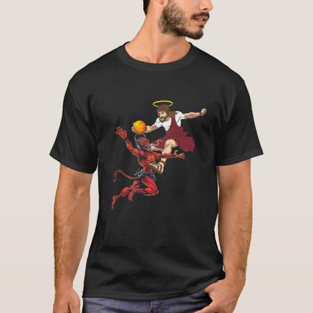 Jesus Crossing Up The Devil Basketball Player Dunk T-Shirt (Front)