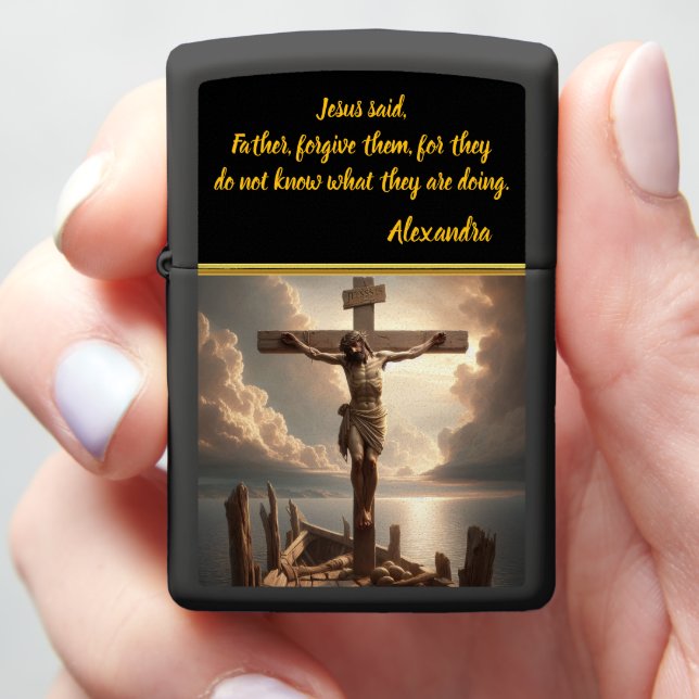 Jesus Crucified Above Peaceful Water Scene Zippo Lighter (In Hand)