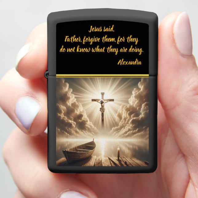 Jesus Crucified Above Reflective Blue Waters Zippo Lighter (In Hand)