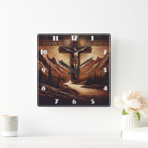 Jesus Crucified Against Majestic Mountains Square Wall Clock