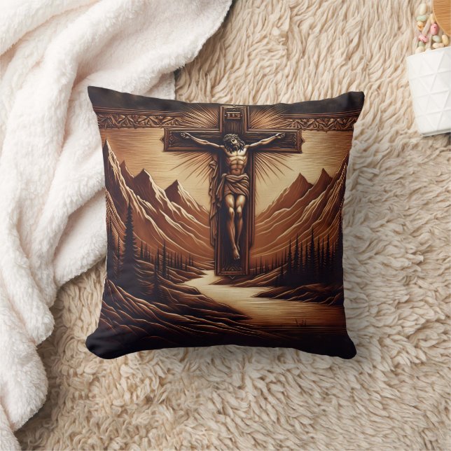 Jesus Crucified Against Majestic Mountains Throw Pillow (Blanket)
