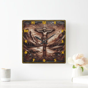 Jesus Crucified Amidst Majestic Mountains Square Wall Clock
