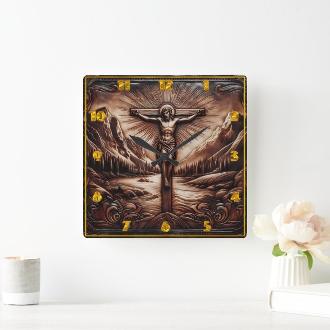 Jesus Crucified Amidst Majestic Mountains Square Wall Clock (Home)