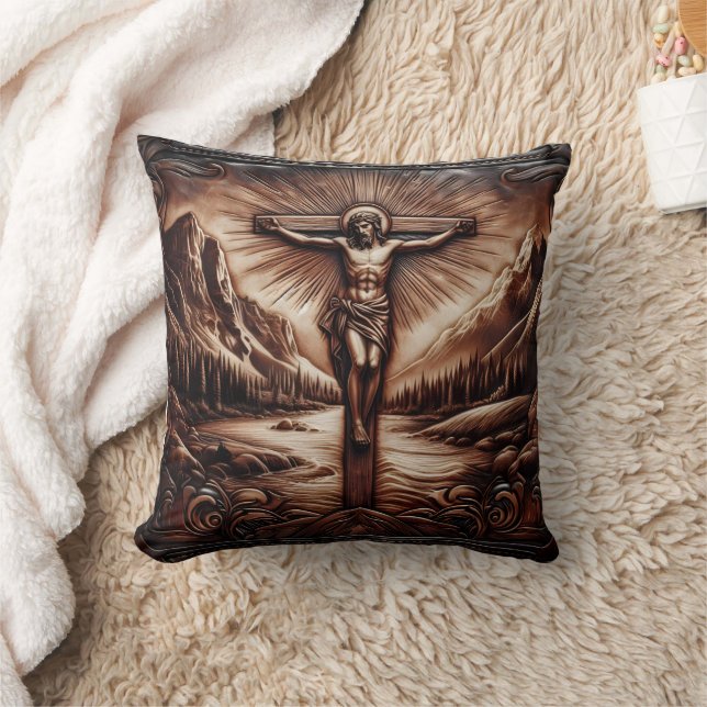 Jesus Crucified Amidst Majestic Mountains Throw Pillow (Blanket)