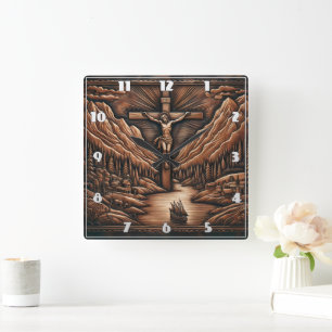 Jesus Crucified Amidst Mountains and River Square Wall Clock