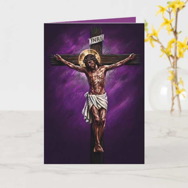 Jesus Crucified Blessed Easter Card Purple (Yellow Flower)
