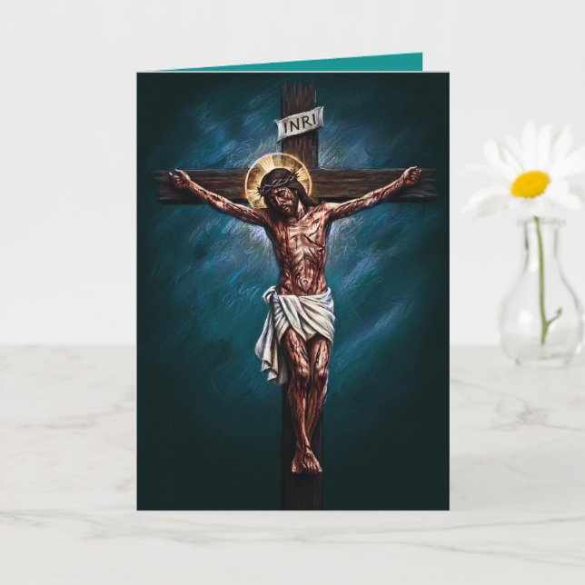 Jesus Crucified Blessed Easter Card Teal (Small Plant)