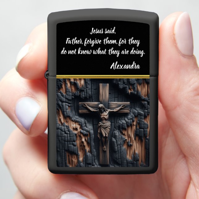 Jesus Crucified Burnt Wood & Artistry Zippo Lighter (In Hand)