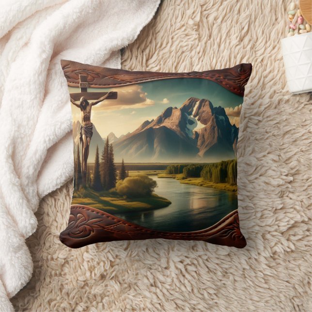 Jesus Crucified In Front of Majestic Mountains Throw Pillow (Blanket)