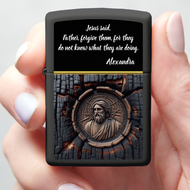 Jesus Crucified On A Wood Carving Zippo Lighter (In Hand)