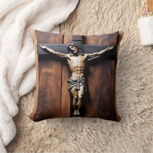 Jesus Crucified on a Wooden Cross Throw Pillow