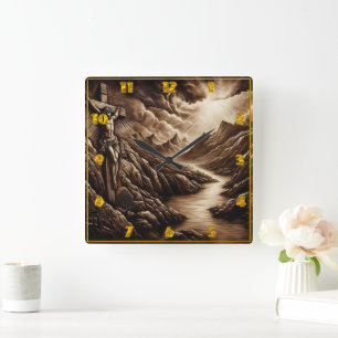 Jesus Crucified Over Mountain Landscape at Dusk Square Wall Clock