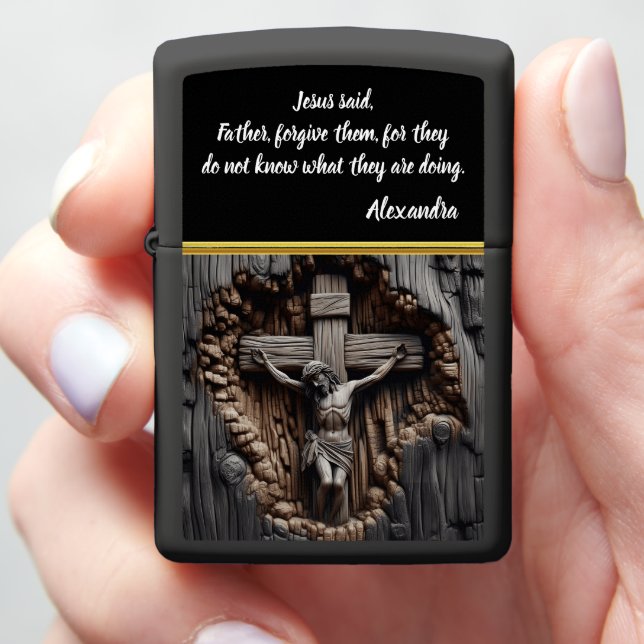 Jesus Crucified Wood Crucifix Evokes Emotion Zippo Lighter (In Hand)