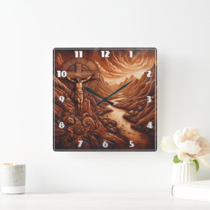 Jesus Crucifixion in Serene Mountain Landscape Square Wall Clock